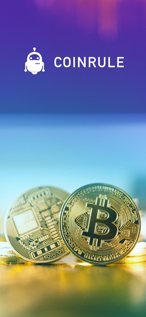 Coinrule Crypto Trading Bot - Logo de la aplicación Coinrule e icono de robot sobre monedas físicas de Bitcoin