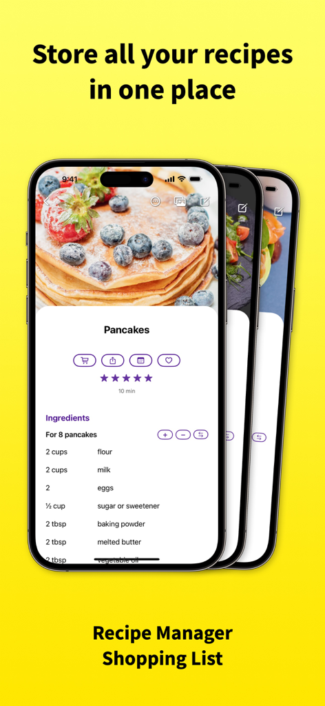 RecipeChef: Recipe Manager - RecipeChef app interface displaying a pancake recipe with ingredients on an iPhone screen