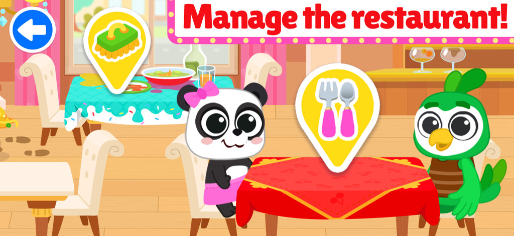 Restaurant Cooking food games - Un panda e un uccellino seduti ai tavoli in un gioco di gestione di ristoranti per bambini