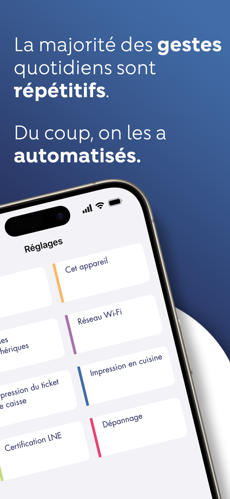 Menu des paramètres de l'application de point de vente L'Addition Suite sur iPhone pour l'automatisation des restaurants