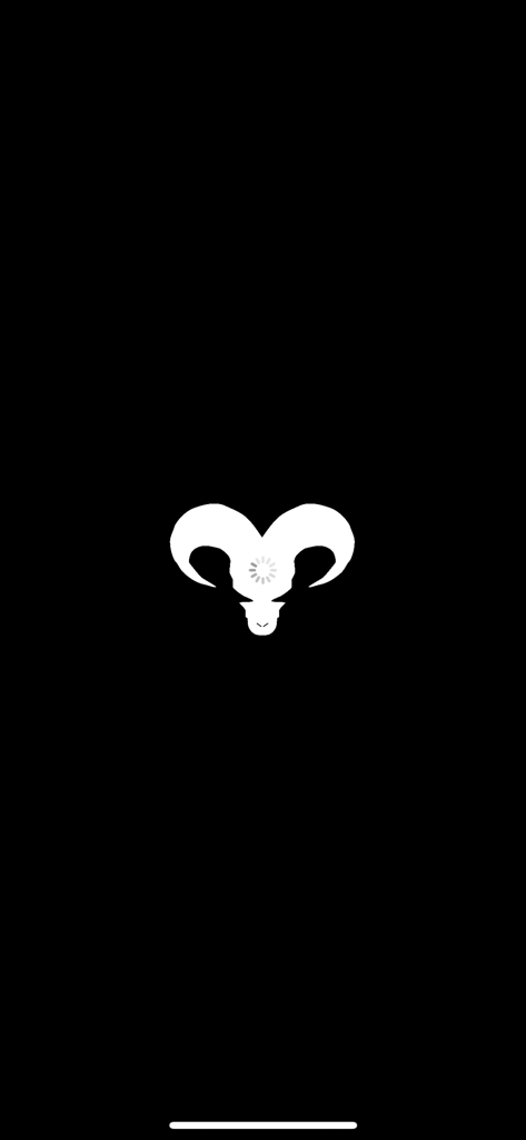 Countdown app splash screen featuring a white demonic ram skull logo and loading icon on a black background