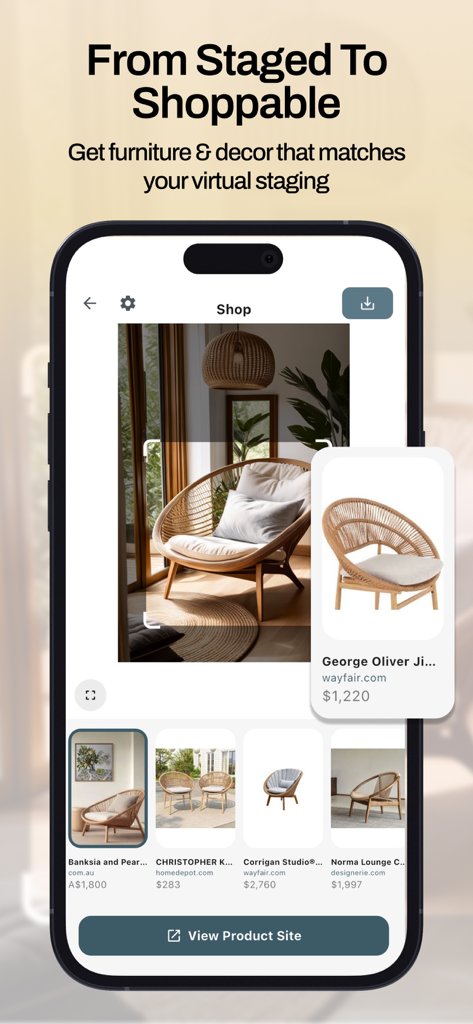 Virtual Staging AI - Stager - Smartphone screen showing how to shop for furniture and decor that matches the virtual staging