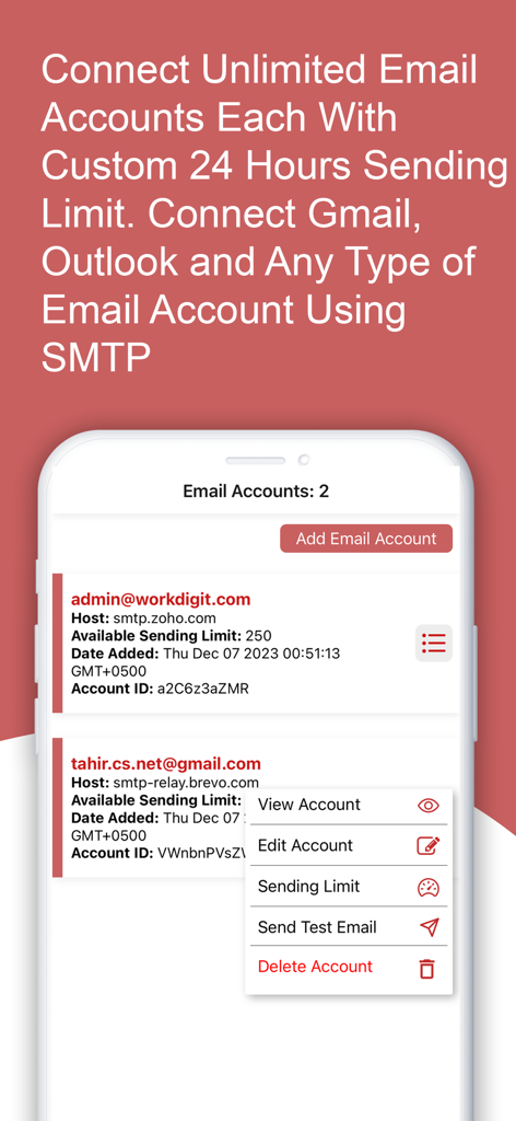 Mail Merge: Bulk Email Sender - Managing multiple email accounts with custom sending limits in the Mail Merge app.