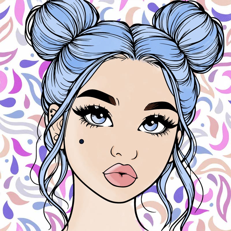 realistic girl with two buns on her hair and lips