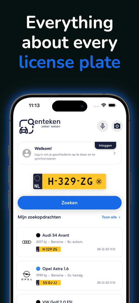 Qenteken-App-Hauptbildschirm mit niederländischer Kennzeichensuche und Fahrzeughistorienliste.