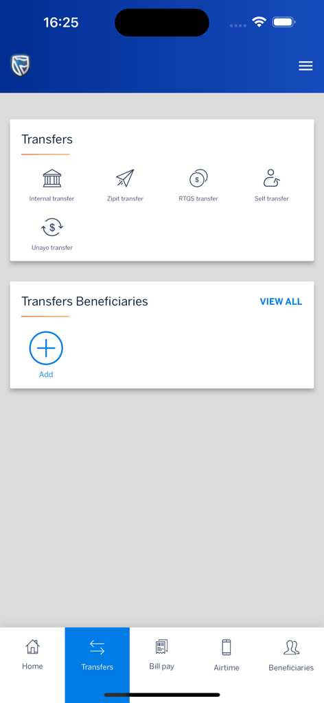 Stanbic Blue247 App - Interface móvel do aplicativo Stanbic Blue247 mostrando opções de transferência, incluindo transferências Zipit e RTGS