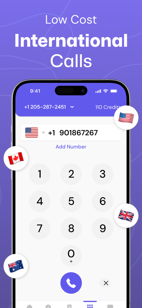 Interface of the Second Phone Number app featuring a dialer for low cost international calls