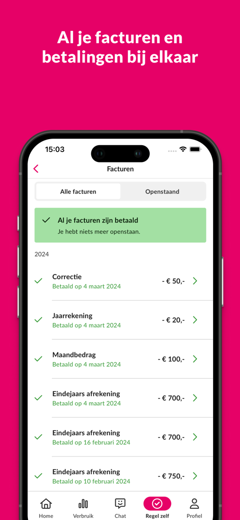 Essent - Essent app screen showing a list of paid energy invoices and payment details