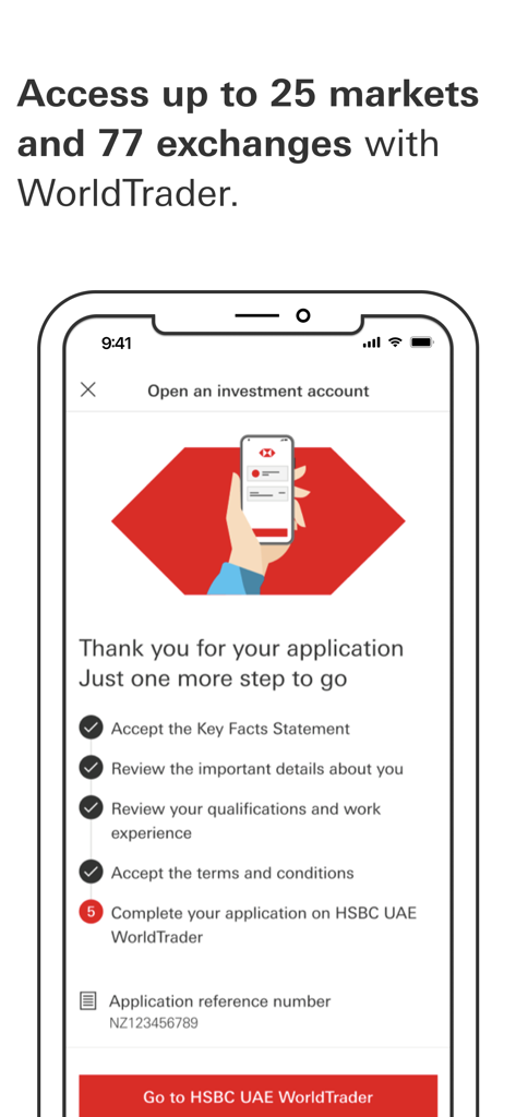 HSBC UAE mobile app screen showing the final steps of an investment account application for WorldTrader