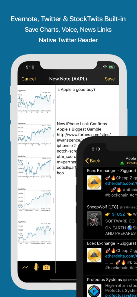 Research notes with charts and native Twitter integration in the Stocks Live app