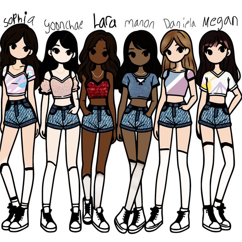 a group of girls wearing crop tops and shorts