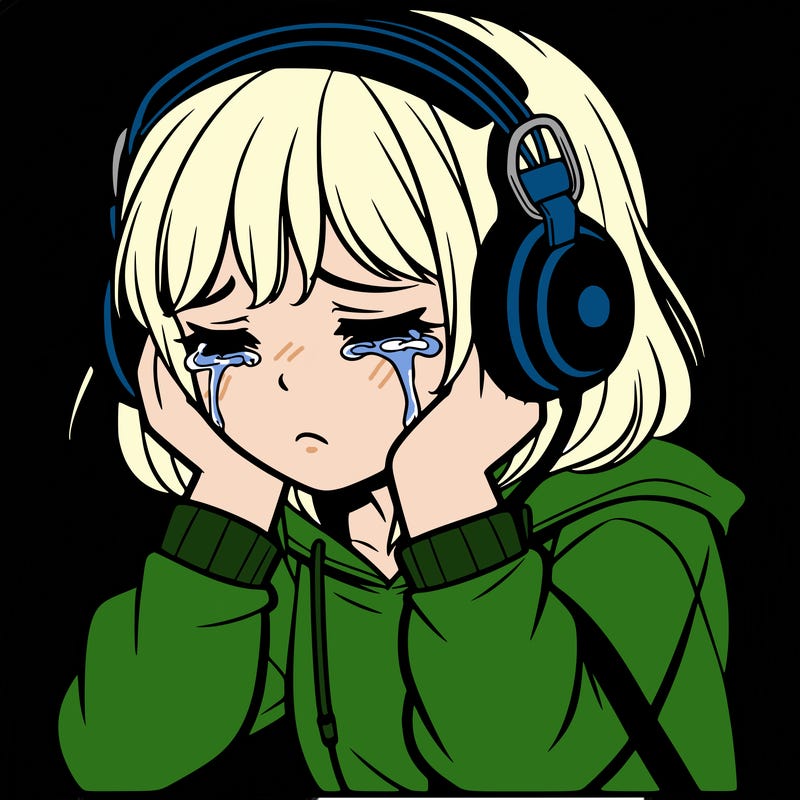teenage girl crying with headphones