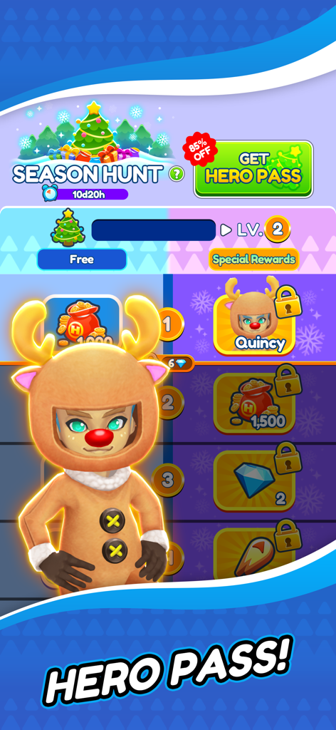 Rich Hero Go - Hero Pass rewards screen in Rich Hero Go featuring the seasonal reindeer character Quincy