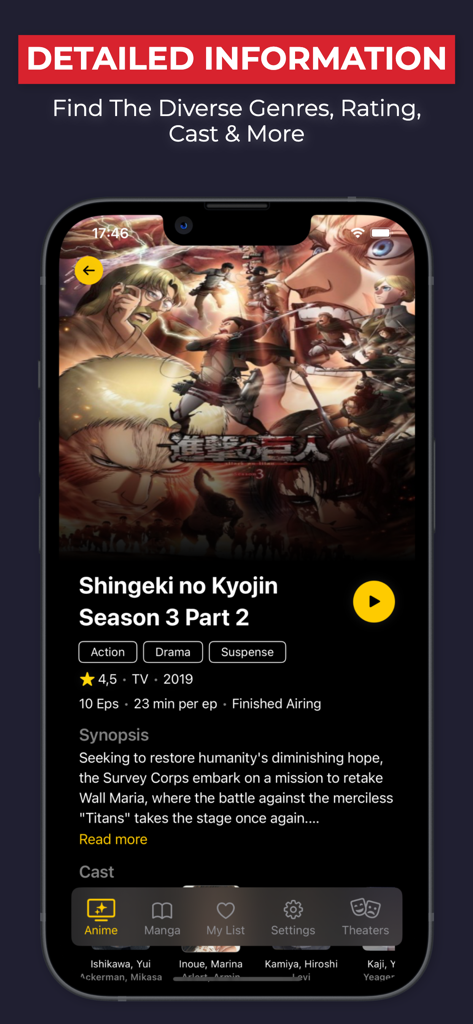 Una pantalla de información detallada de la aplicación Anilab que muestra la sinopsis, géneros y elenco del anime Attack on Titan.