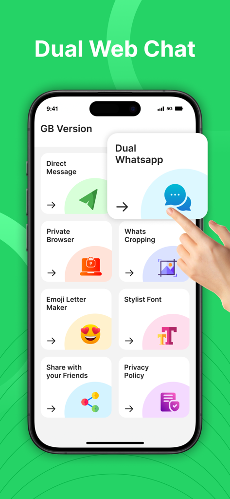 Dual WA Web & GB Tools - Panel de la aplicación WA Web Dual y Herramientas GB que muestra funciones como Whatsapp Dual y Mensaje Directo