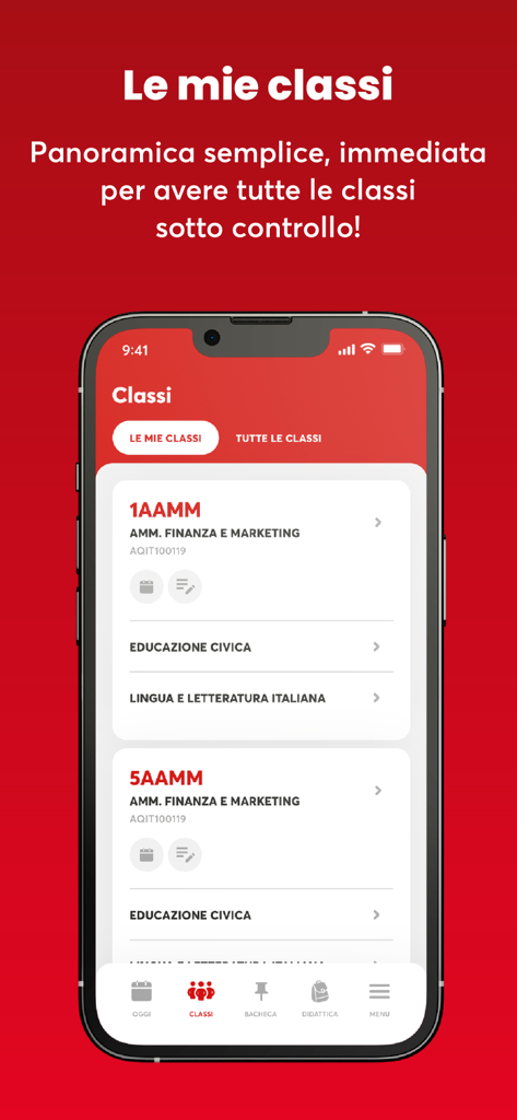 ClasseViva Docenti - Pantalla del smartphone mostrando la sección Mis Clases de la aplicación ClasseViva Docenti con una lista de asignaturas y secciones de enseñanza.
