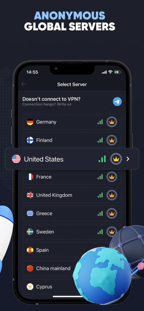 VPN Fox - VPN Fox app interface showing a list of global servers for anonymous connection including the United States and European countries