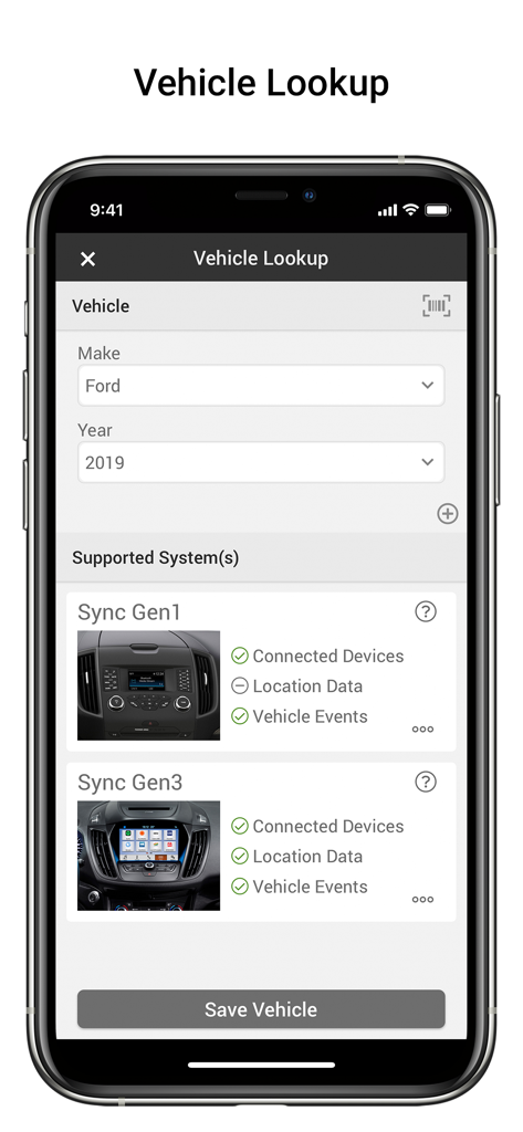 iVe-Mobile - iVe-Mobile app interface for vehicle lookup showing supported forensic systems for a 2019 Ford