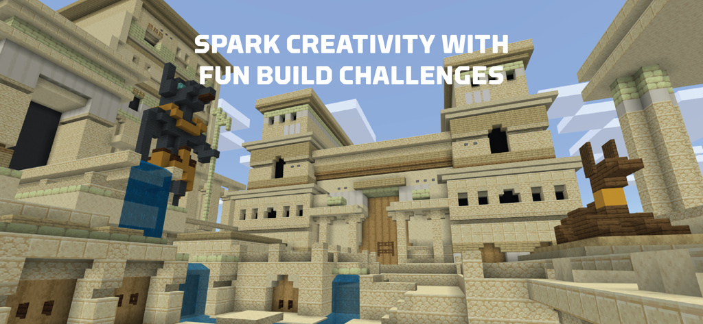 Minecraft Education build challenge showing an ancient Egyptian temple in a blocky world