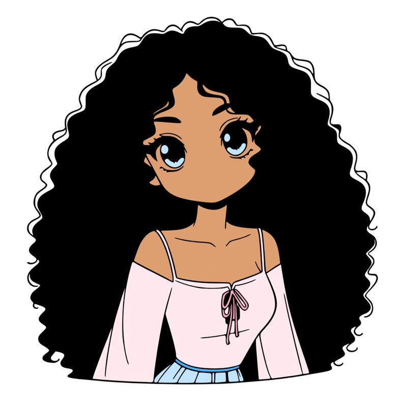 a black anime girl with long afro hair