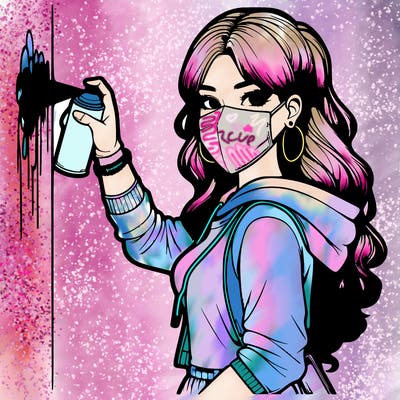 realistic girl with mask spray painting a wall