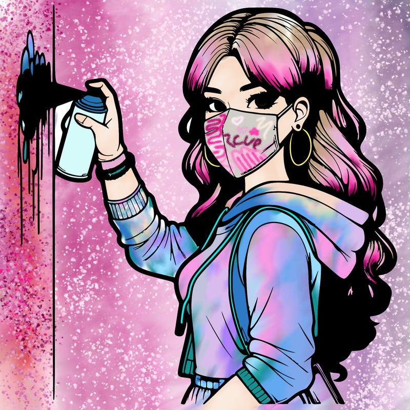 realistic girl with mask spray painting a wall