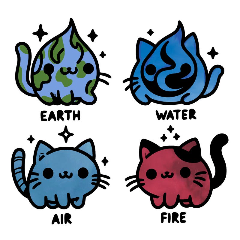 4 cats that represent the different elements, earth, water, air, and fire