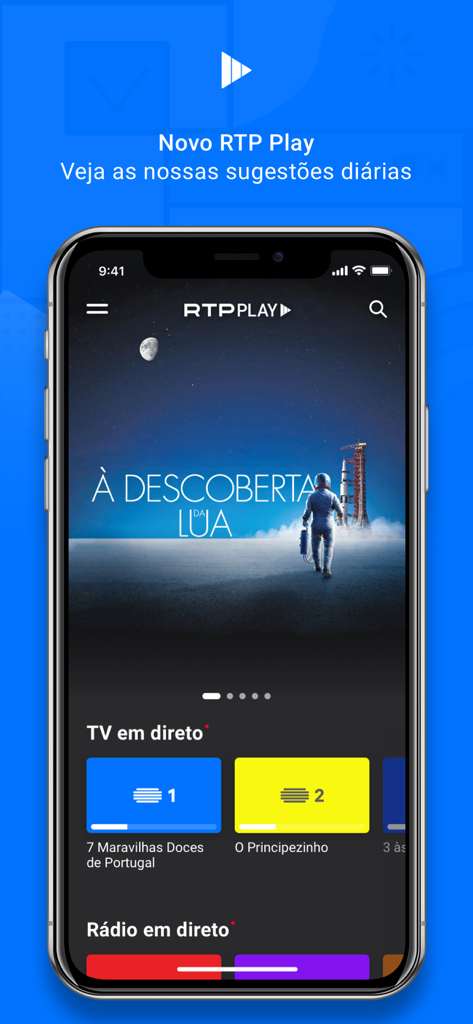 Interface da aplicação móvel RTP Play a mostrar canais de televisão e rádio portugueses em direto.