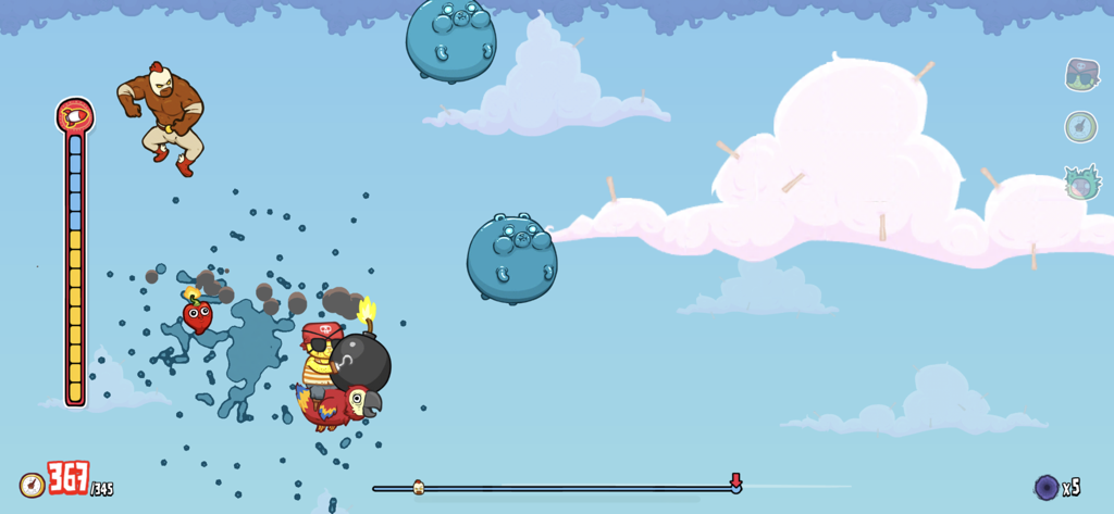 Burrito Bison: Launcha Libre - Burrito Bison soaring through the sky with a pirate parrot and blue gummy bear enemies
