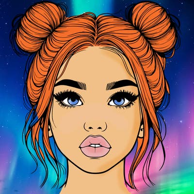 realistic girl with two buns on her hair and lips