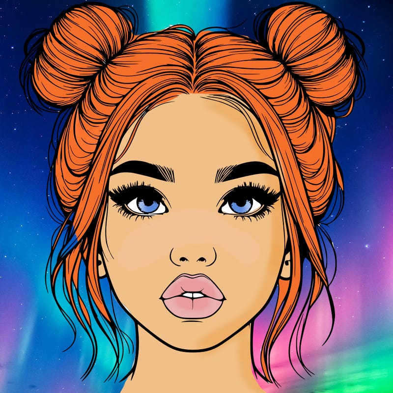 realistic girl with two buns on her hair and lips