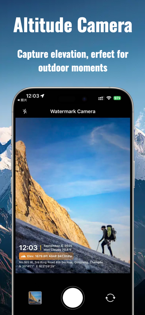 Compass: GPS & Altimeter - Altitude camera interface displaying GPS location and elevation data on a mountain hiking photo