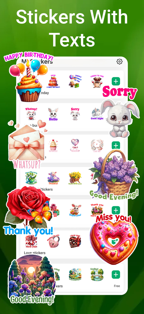 MyStickers - Stickers & Emoji - A variety of colorful WhatsApp stickers with greeting texts like Happy Birthday, Thank You, and Miss You from the MyStickers app.