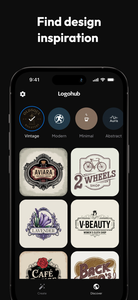 AI Logo Maker: LogoHub - AI Logo Maker app screen displaying various vintage style logo inspirations for small businesses