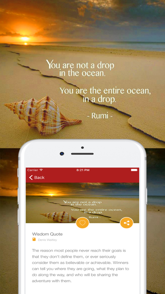 Inspirational & Motivational Quotes For Motivation - iPhone displaying a Rumi quote over a sunset beach image in the Inspirational and Motivational Quotes app