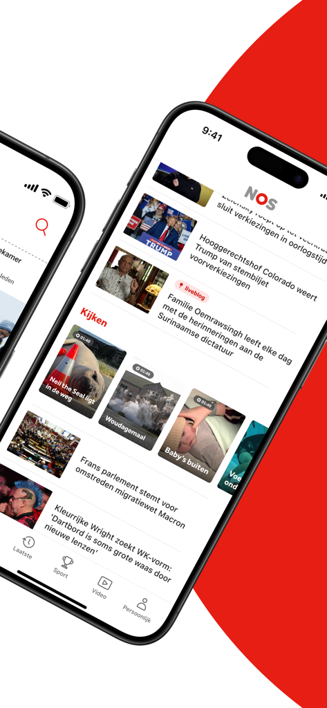 NOS - Tela de smartphone mostrando o aplicativo NOS com artigos e vídeos de notícias holandesas