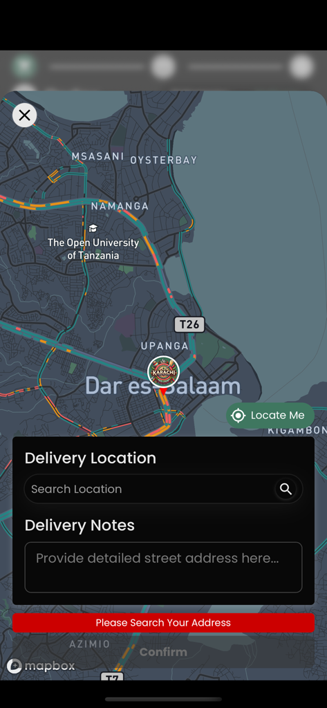 Karachi Food Master - Delivery location search screen with map and address notes in the Karachi Food Master app