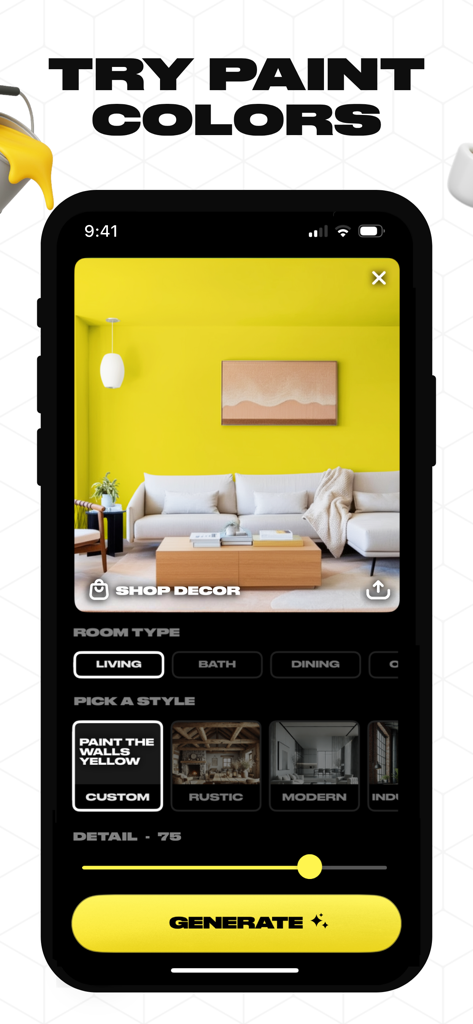 Interfaz de la aplicación Home AI que demuestra cómo visualizar un color de pintura amarillo personalizado en una sala de estar.