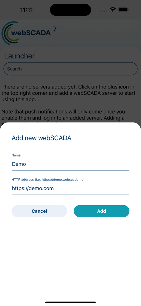 webSCADA7 - Interface to add a new webSCADA server connection with fields for name and HTTP address