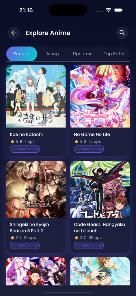 Anime slayer Tv - Pantalla de la aplicación móvil que muestra una lista de series de anime populares con pósteres y calificaciones.