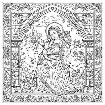 Discover a truly unique artistic blend with this Renaissance Art and Halloween coloring page. Immerse yourself in a world where classical beauty meets spooky charm, offering a captivating challenge for all ages.