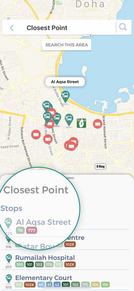 Karwa Journey Planner app displaying bus stops and routes on a map of Doha