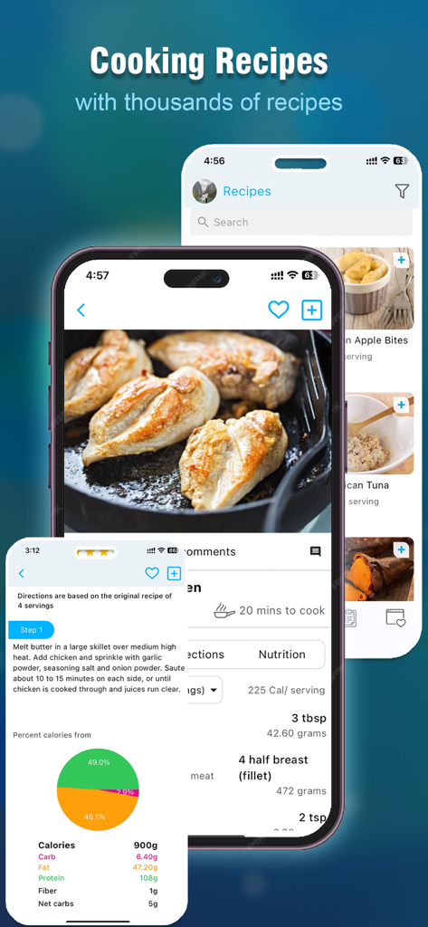 Meal Planner – Eating well - Interface do aplicativo Planejador de Refeições mostrando receitas e rastreamento nutricional com gráficos de macros