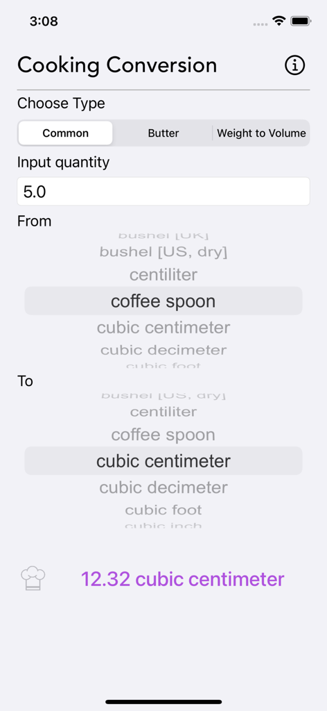 Cooking Conversion - Interface do aplicativo Conversão Culinária exibindo uma conversão de volume para ingredientes culinários