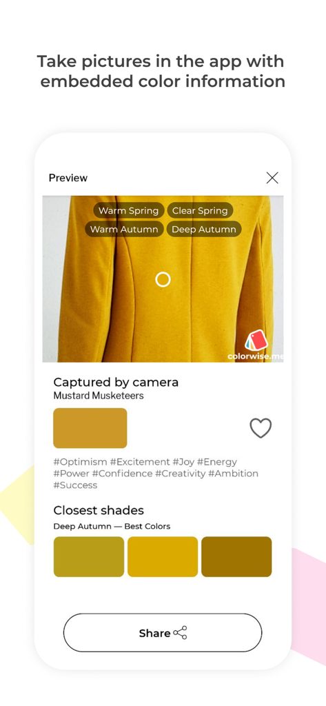 My Best Colors app interface showing a color analysis camera preview of a mustard yellow garment with seasonal palette tags