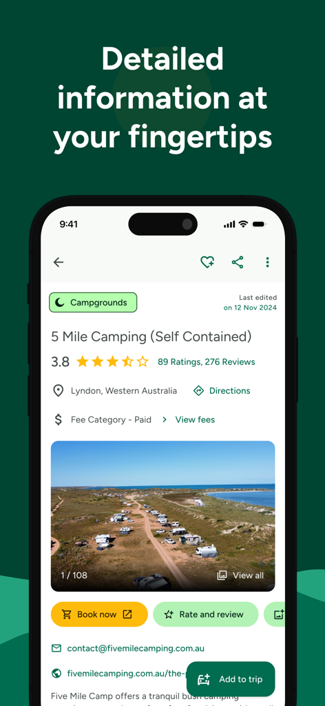 WikiCamps Australia app display of campsite reviews and booking options
