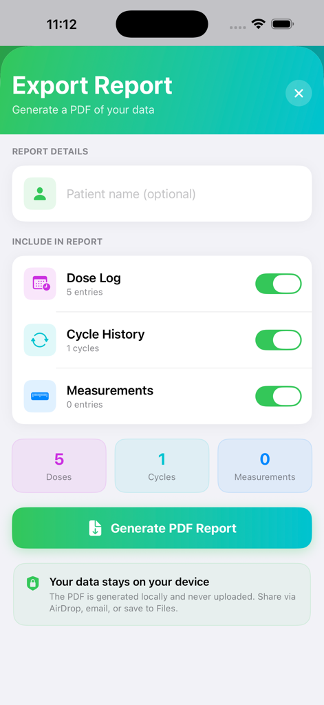 PepWise - Peptide Tracker - Export report screen in the PepWise app showing options to generate a private PDF of peptide dose logs and cycle history