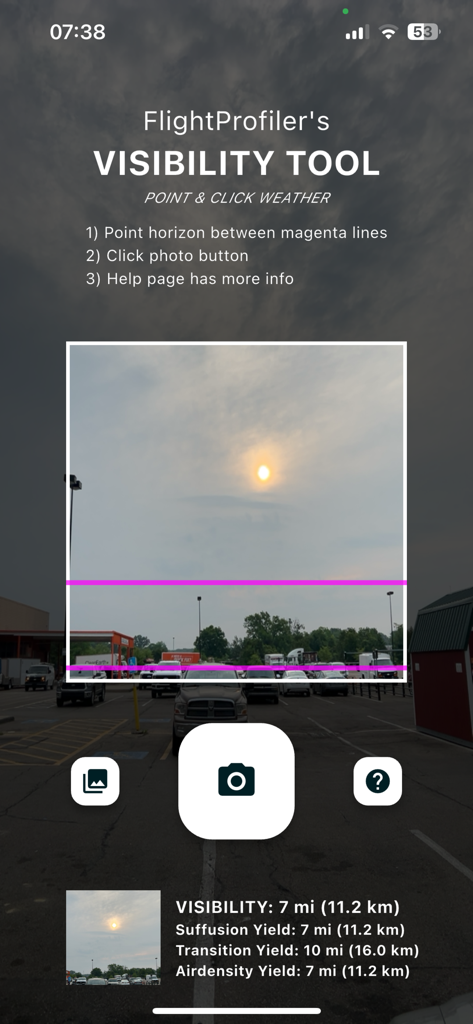 Visibility Tool - FlightProfiler Visibility Tool app interface displaying a 7 mile visibility measurement using the camera viewfinder.