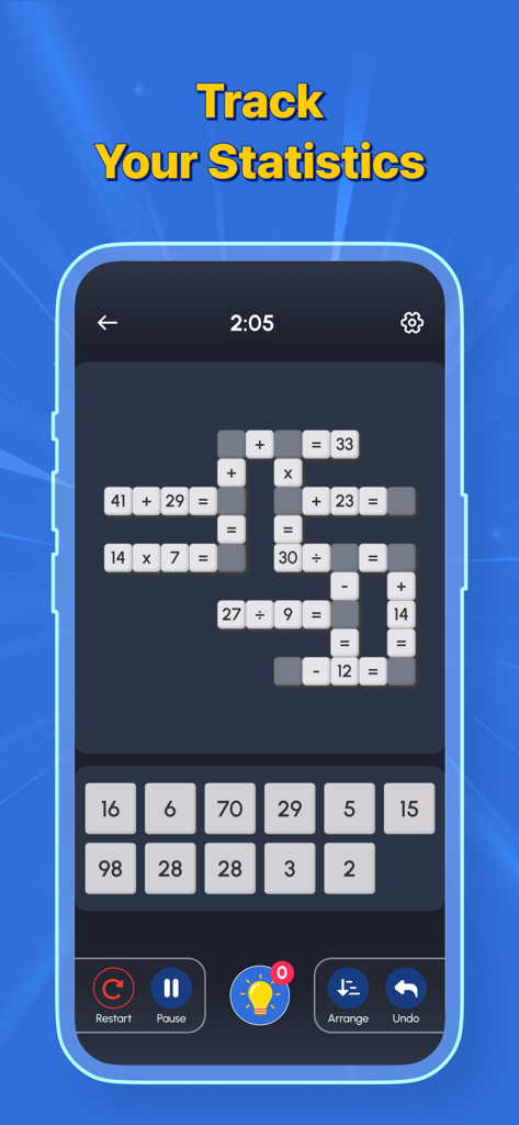 Cross Math: Brain Workout - Jugabilidad del crucigrama aritmético en la aplicación Cross Math Brain Workout con ecuaciones y fichas de selección de números.