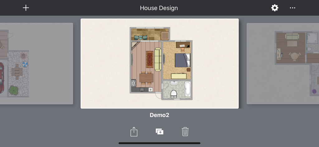 Interfaccia dell'app iPad House Design Pro che mostra un progetto di planimetria 2D in una vista galleria